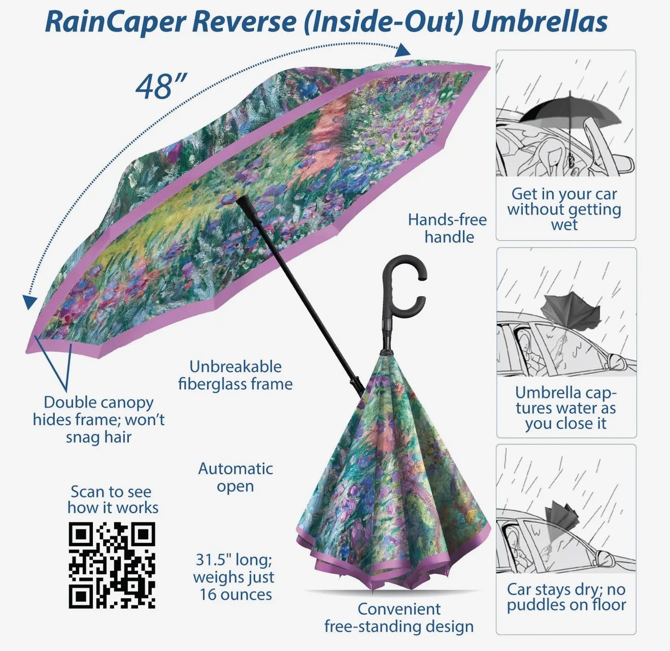 Monet Artist's Gardens At Giverny Reverse Inverted Umbrella - Hands-Free, Windproof Design