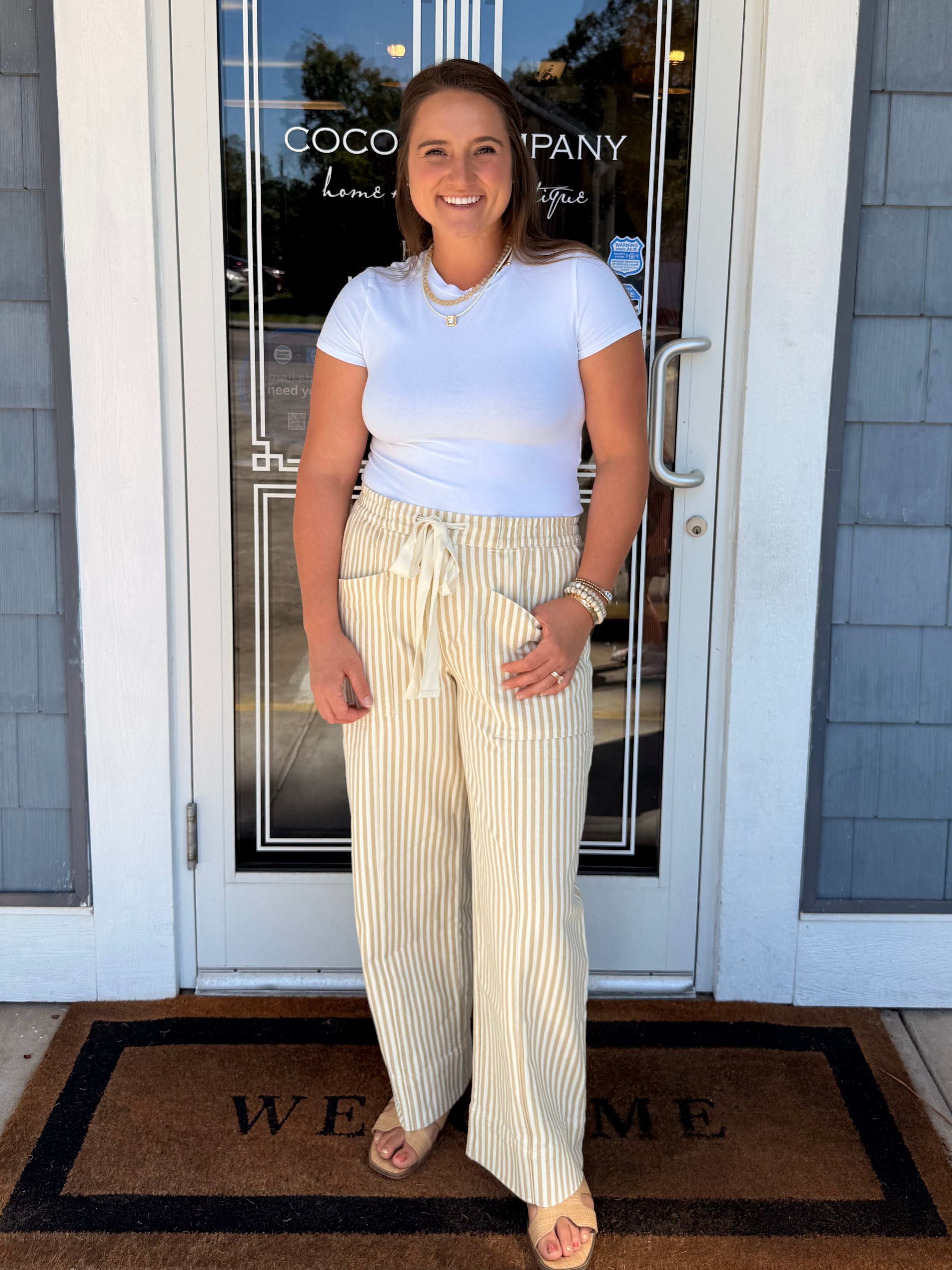 Taupe Natural Stripe Wide Leg Drawstring Pants