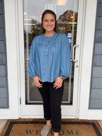 Denim Tencel Button Front Peasant Top