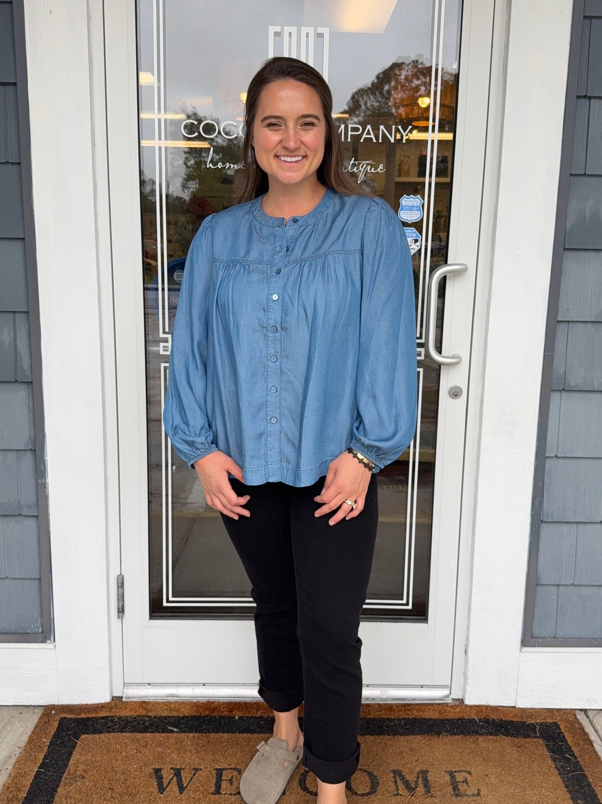 Denim Tencel Button Front Peasant Top