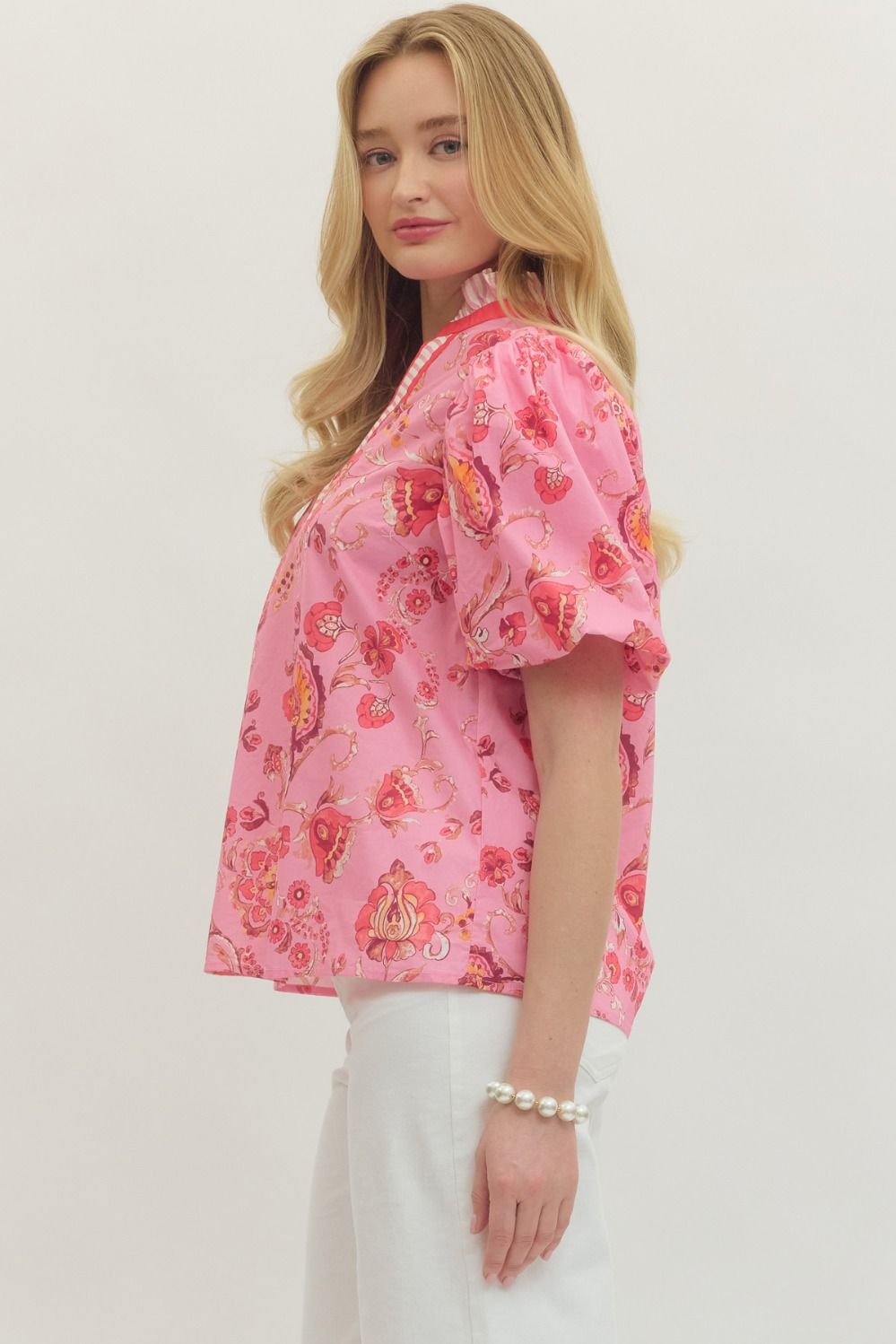 Pink Floral Balloon Sleeve Top