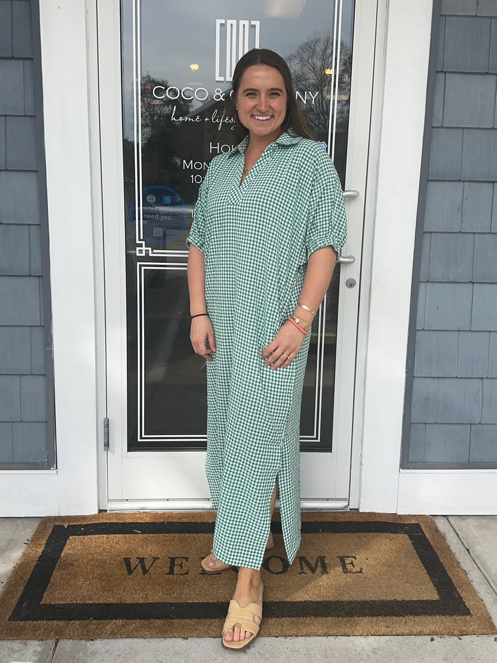 Green Gingham Check Midi Dress