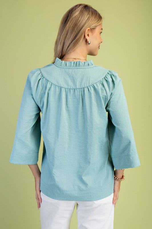 Seafoam Ruffled Neck Blouse