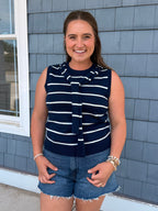 Navy & White Knit Sleeveless Attached Scarf Detail Neckline