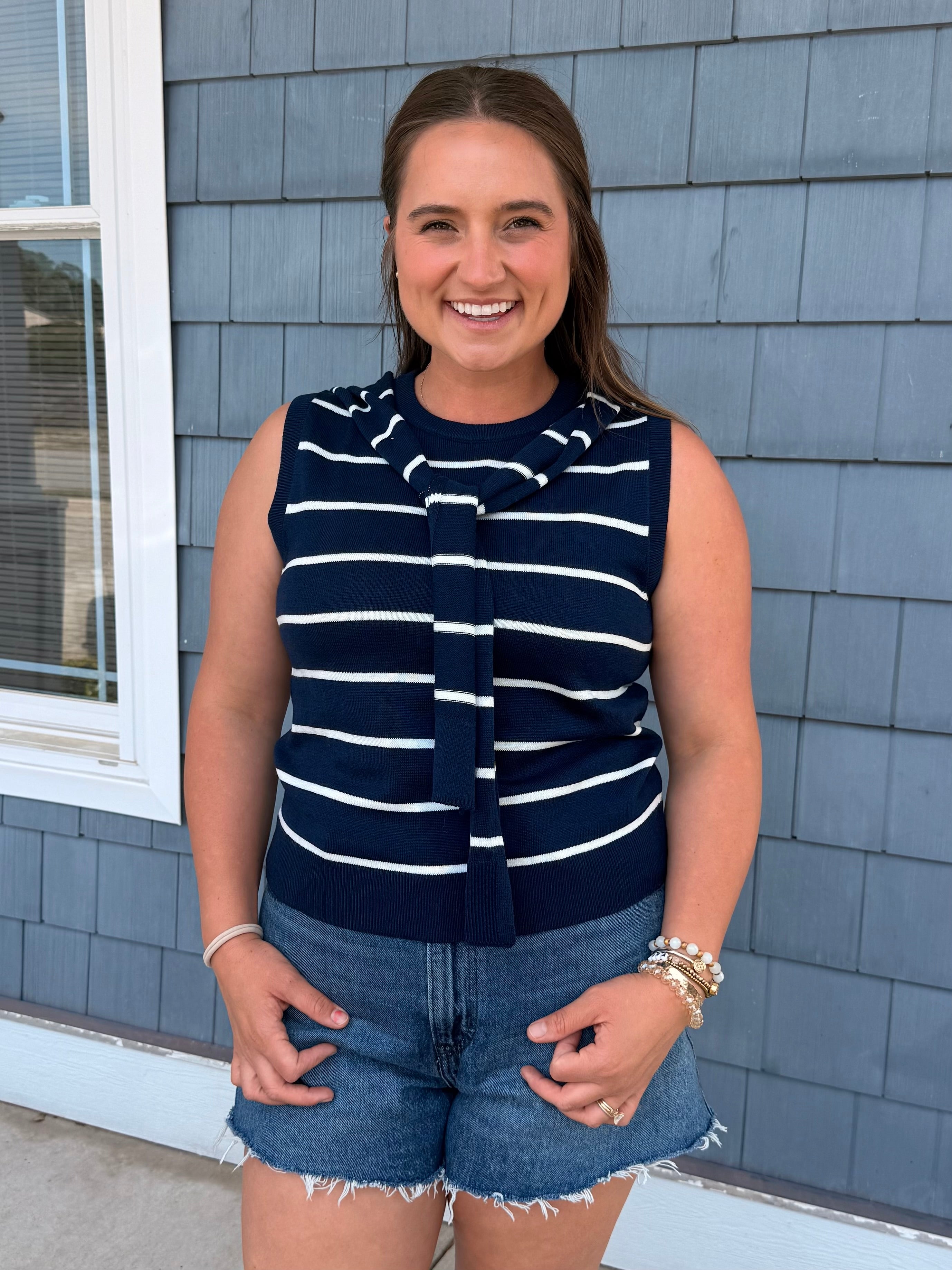Navy & White Knit Sleeveless Attached Scarf Detail Neckline