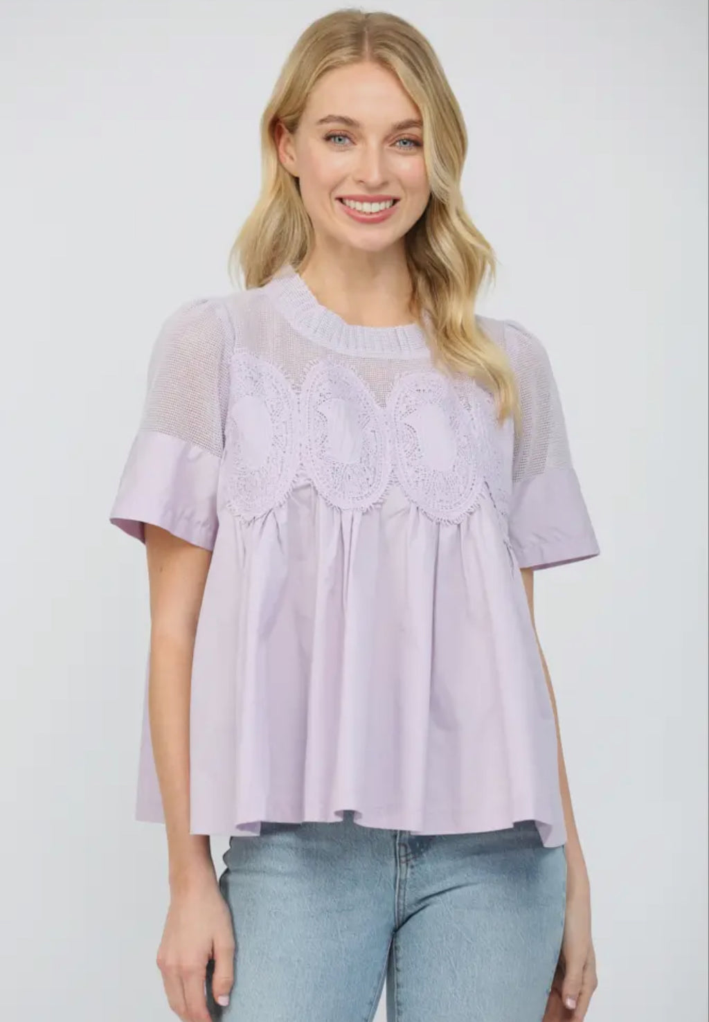 Lace Appliqué Mixed Media SS Lavender Top