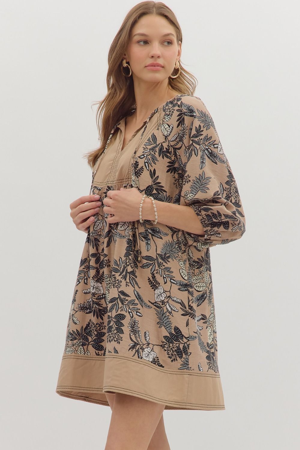 Taupe Botanical Print Contrast Dress SHIPS OR PICKUP 10/10/25