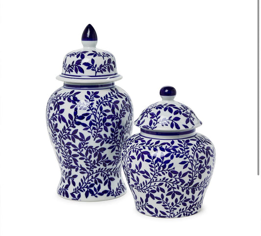 Hand Painted Porcelain Blue & White Chinoiserie Temple Jar Large