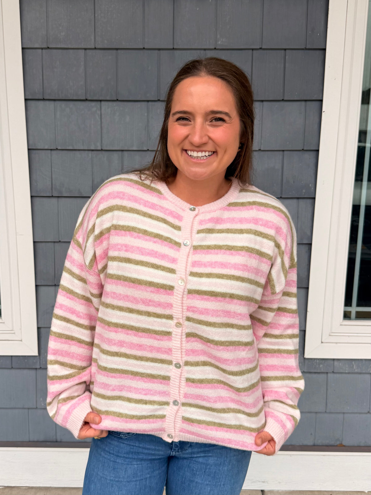 Pink & Green Stripe Button Up Sweater