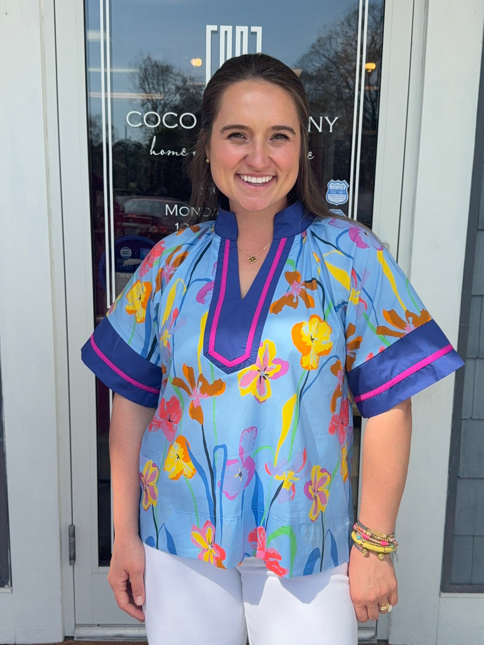 Blue Floral Contrast Detail Top