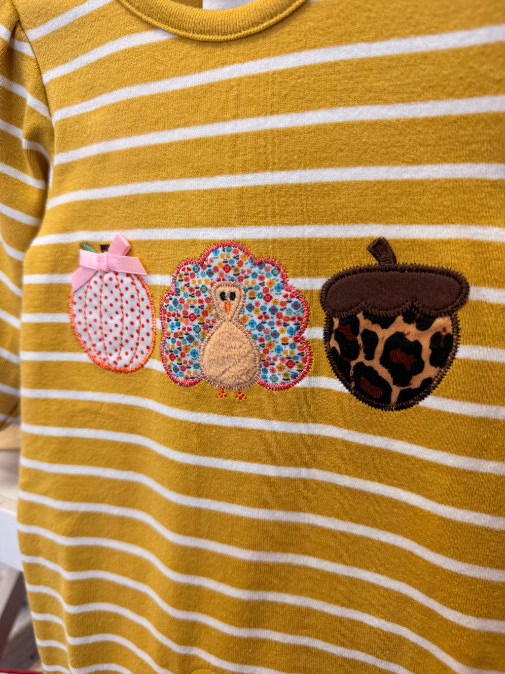Mustard/white Striped Romper W/ Turkey, Three Sisters