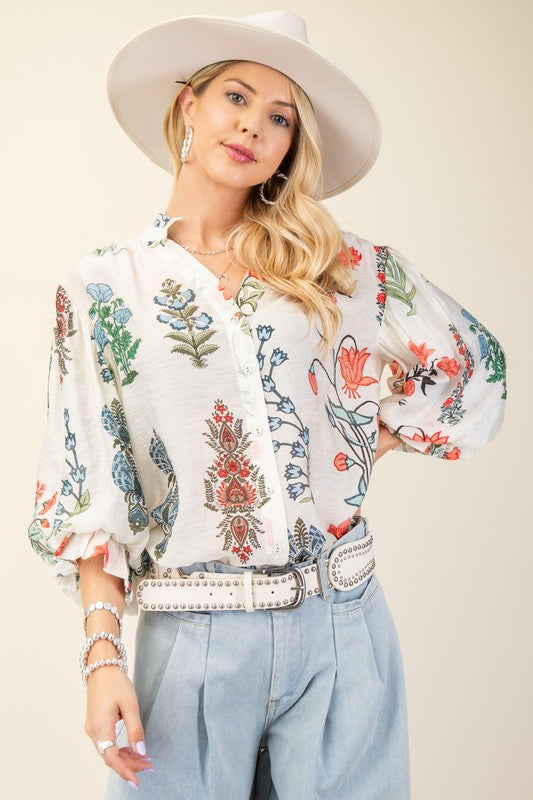 PREORDER: Off White Button Down Floral Top