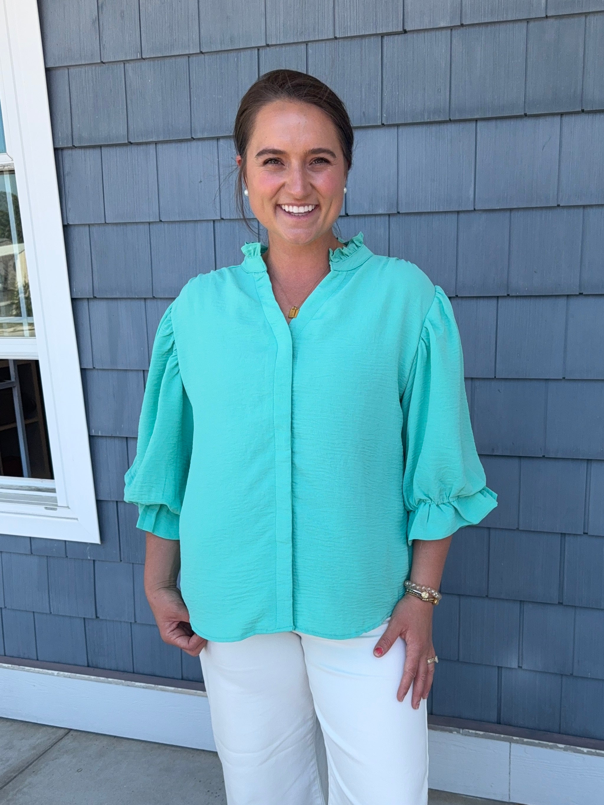 Emerald Balloon Sleeve Blouse