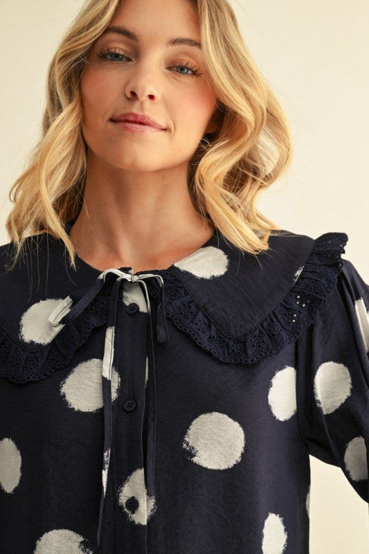 PREORDER: Navy Collared Polka Dot Top