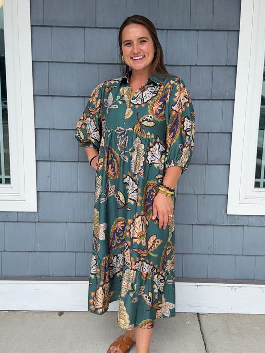 Teal Boho Tiered Midi Dress