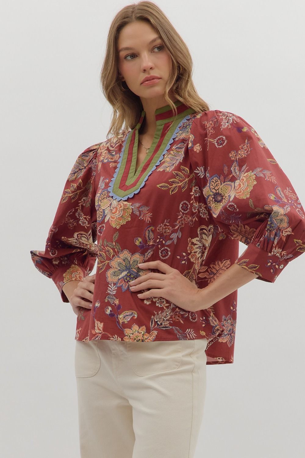 Burgundy Floral Print Scalloped Top