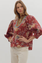 Burgundy Floral Print Scalloped Top
