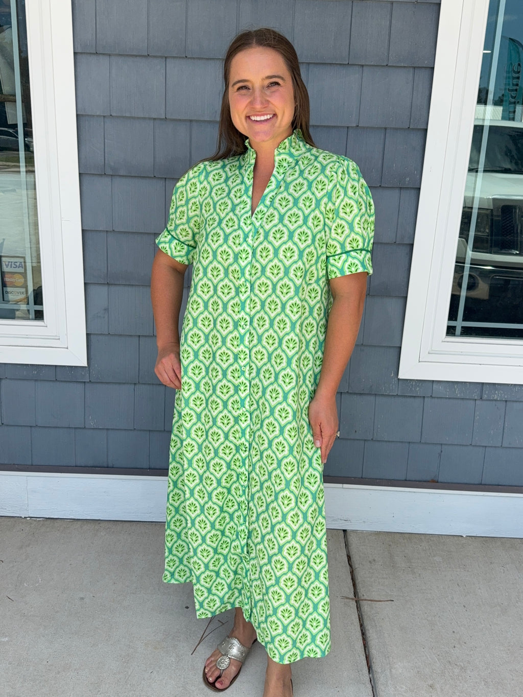 Green Printed Button Down Midi Dress