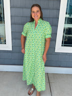 Green Printed Button Down Midi Dress