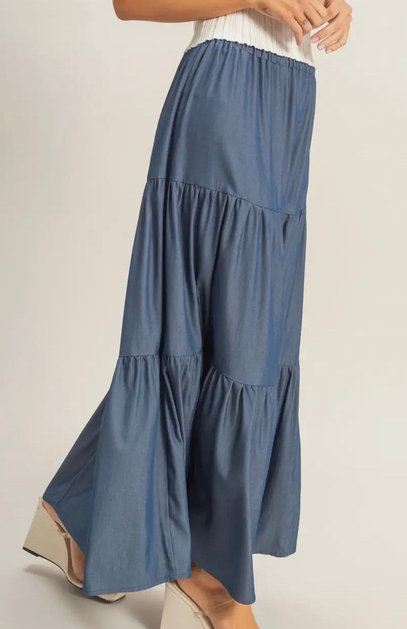 Denim 3-tier Elastic Waist Skirt