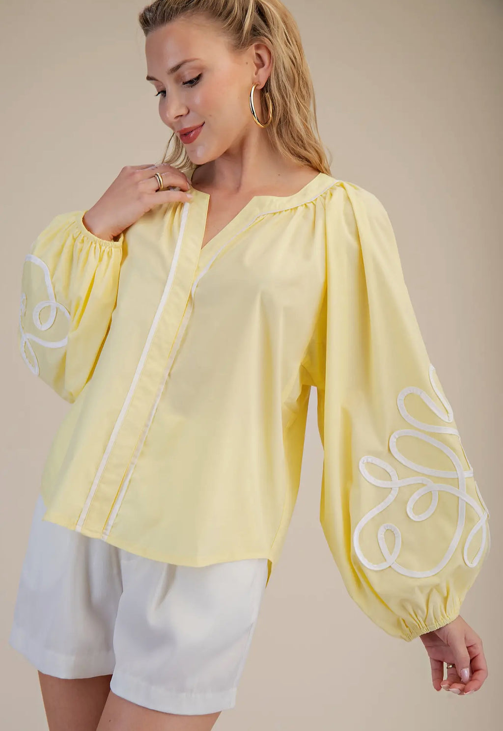 Butter Yellow Soutache Contrast Detail Puff Sleeve Top
