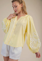 Butter Yellow Soutache Contrast Detail Puff Sleeve Top