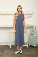 Navy Round Neck Sleeveless Side Slit Midi Shirt Dress