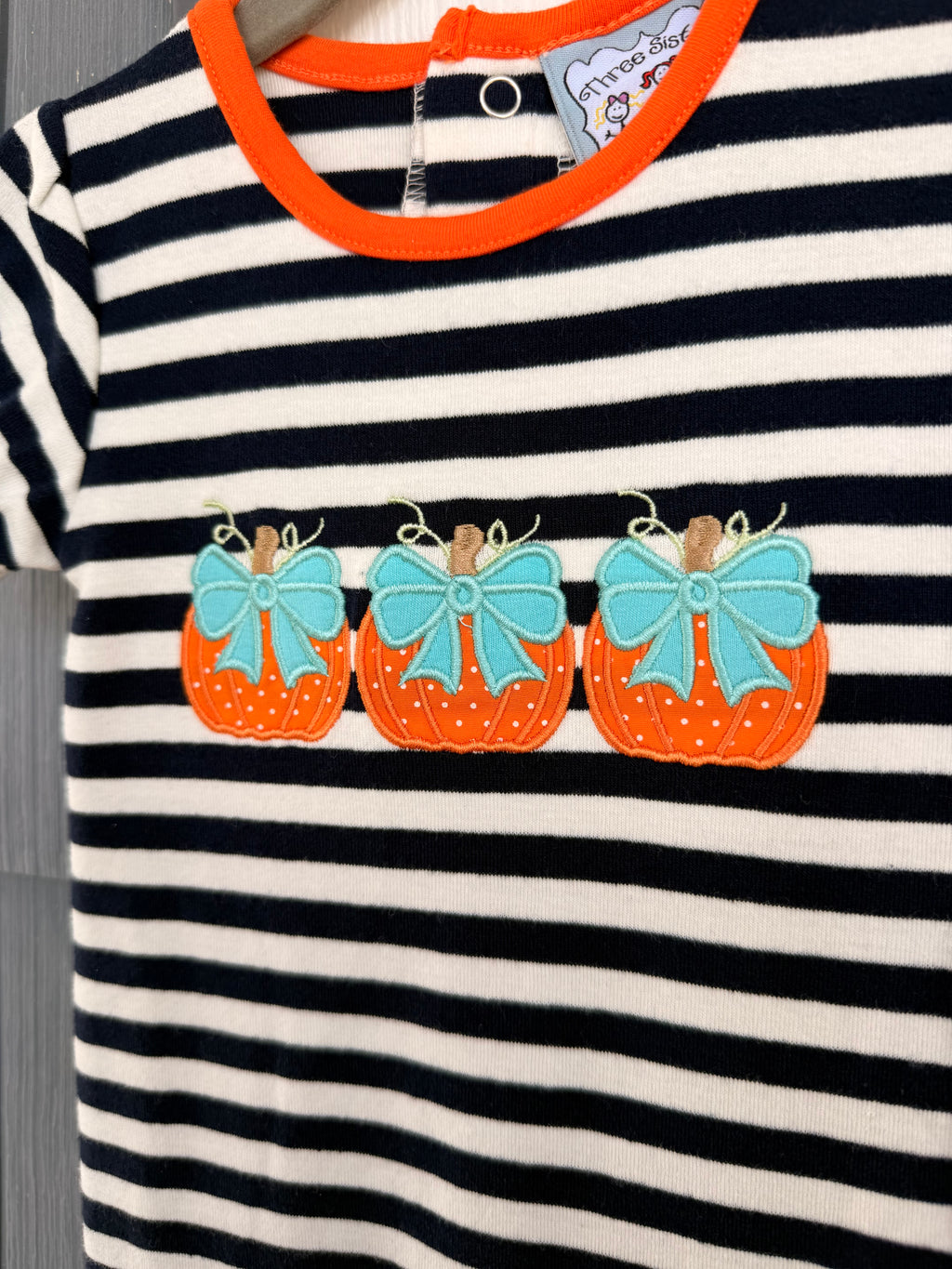 Navy/white Striped Romper W/Pumpkins, Three Sisters