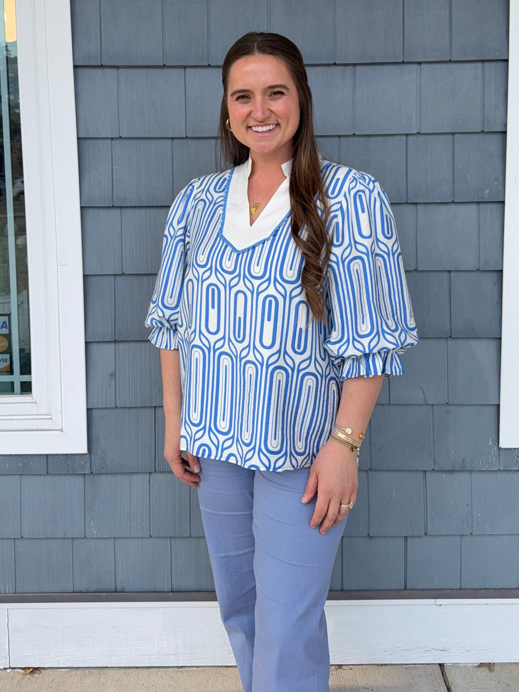 Blue Scallop Trim Geo Print Top