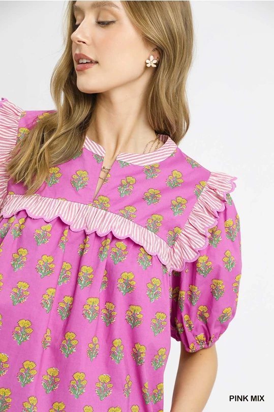 Pink Floral Ruffle Yoke Sleeve Top
