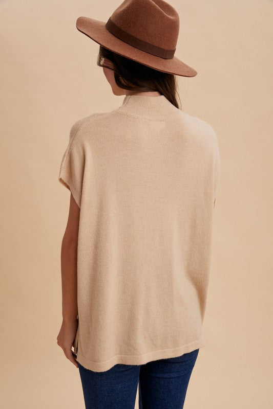 Oatmeal Soft Wool Blend Mock Neck Short Sleeve Sweater