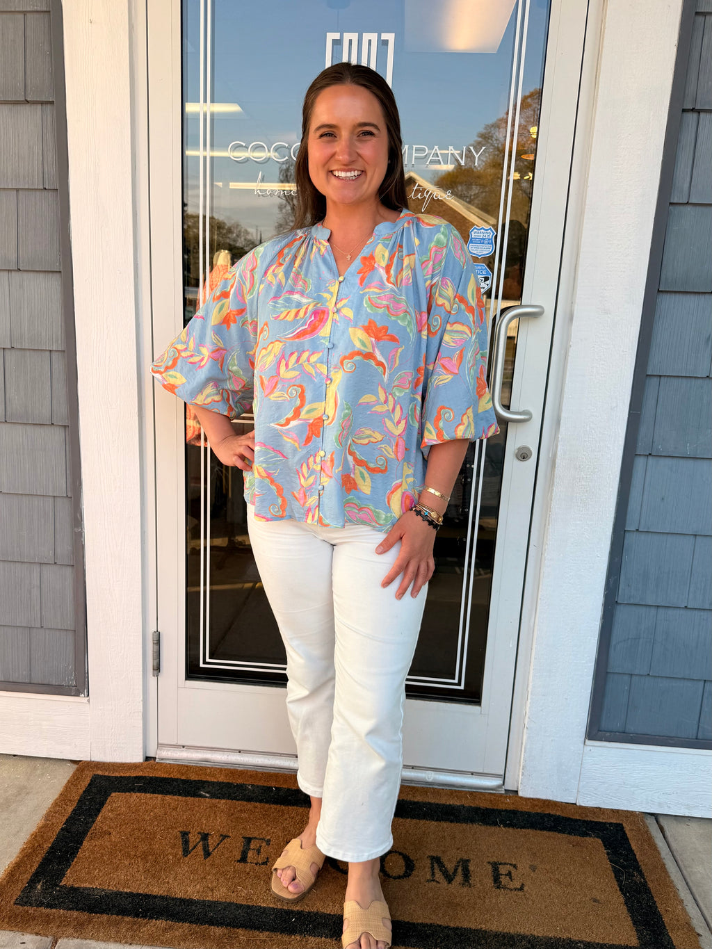 Powder Blue Floral Button Blouse