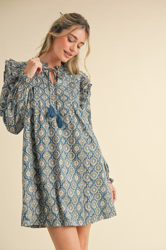 Dusty Blue Ruffle Trim Pattern Dress