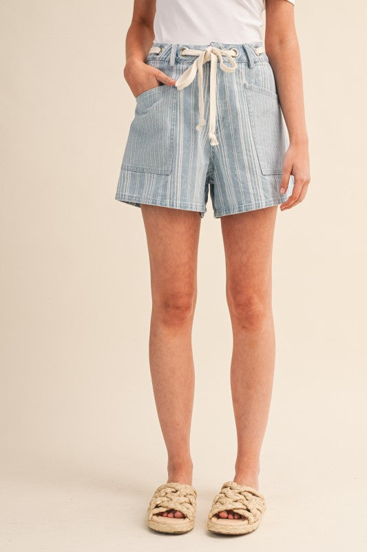 Mixed Stripe Light Denim Drawstring Shorts: SHIPS OF PICKUP 5/28/26