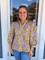 Green Floral V-neck Top