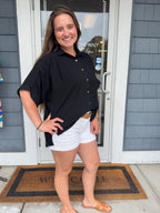 Black Linen Ruched Seam Cuffed Sleeve Button Down Top