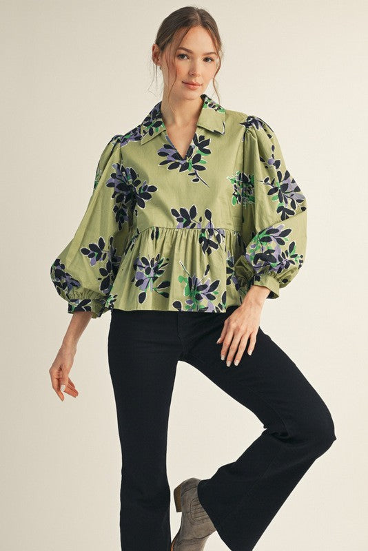 Olive Floral Peplum Top