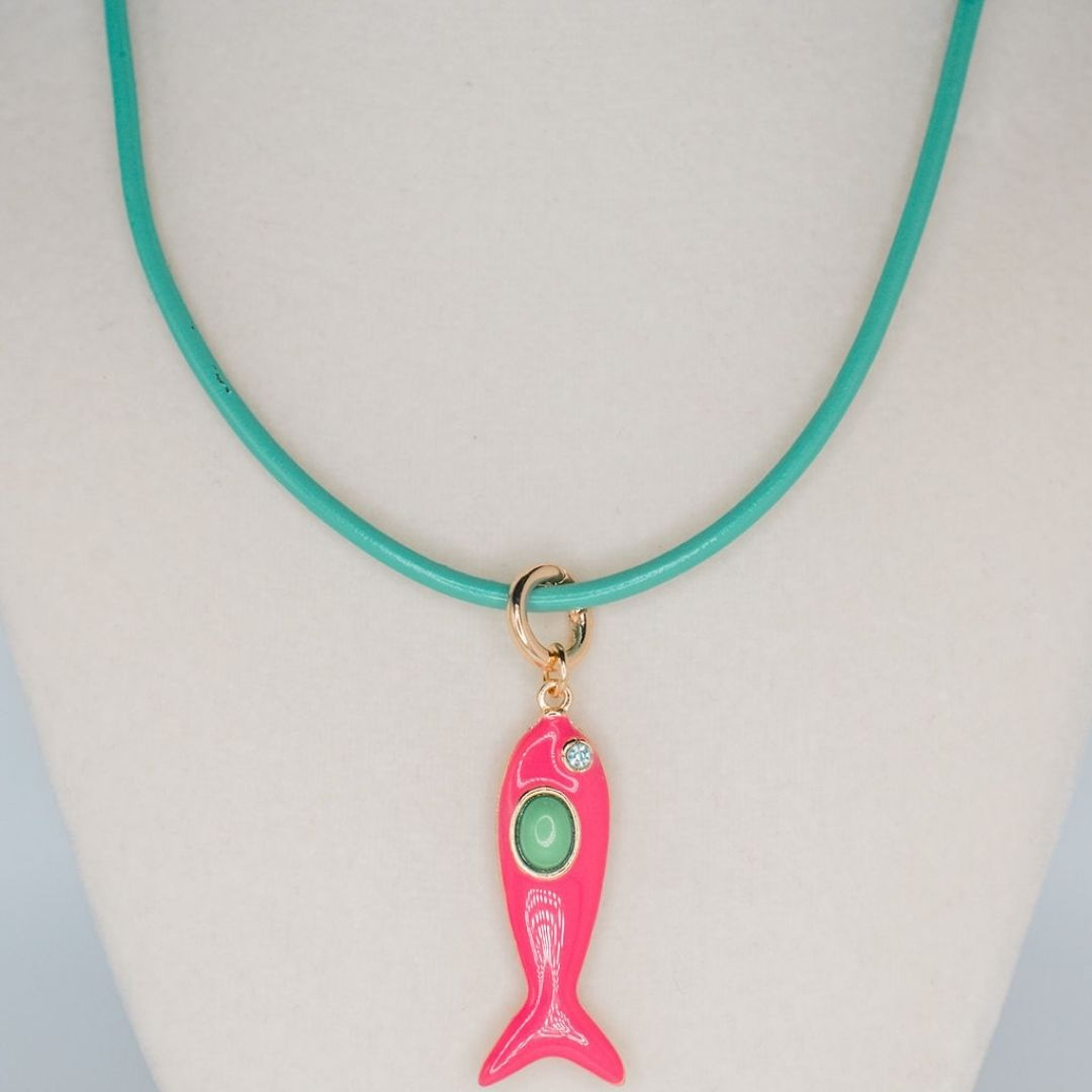 Leather Fish Necklace - Turquoise & Pink - Smith & Co