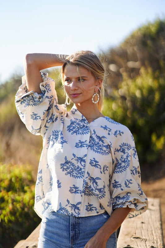 Blue Button Down 3/4 Balloon Sleeve Top