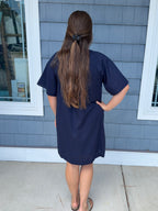 Navy Linen V-Neck Dress