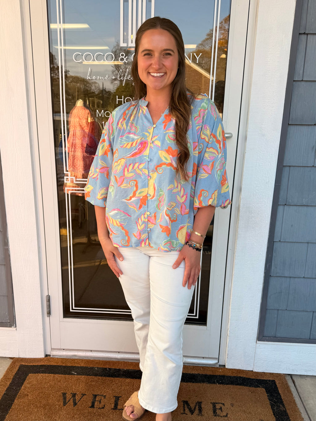 Powder Blue Floral Button Blouse