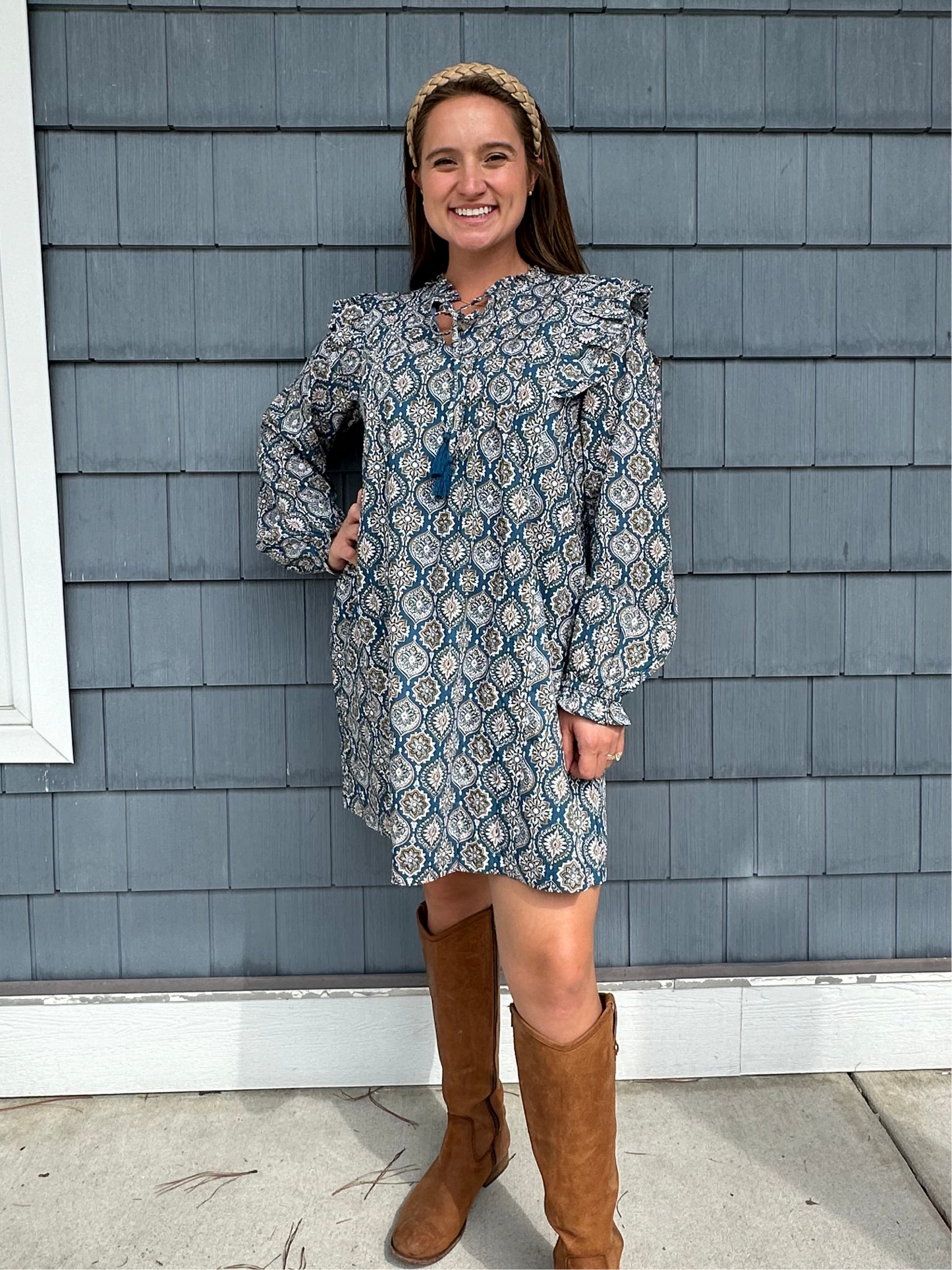 Dusty Blue Ruffle Trim Pattern Dress