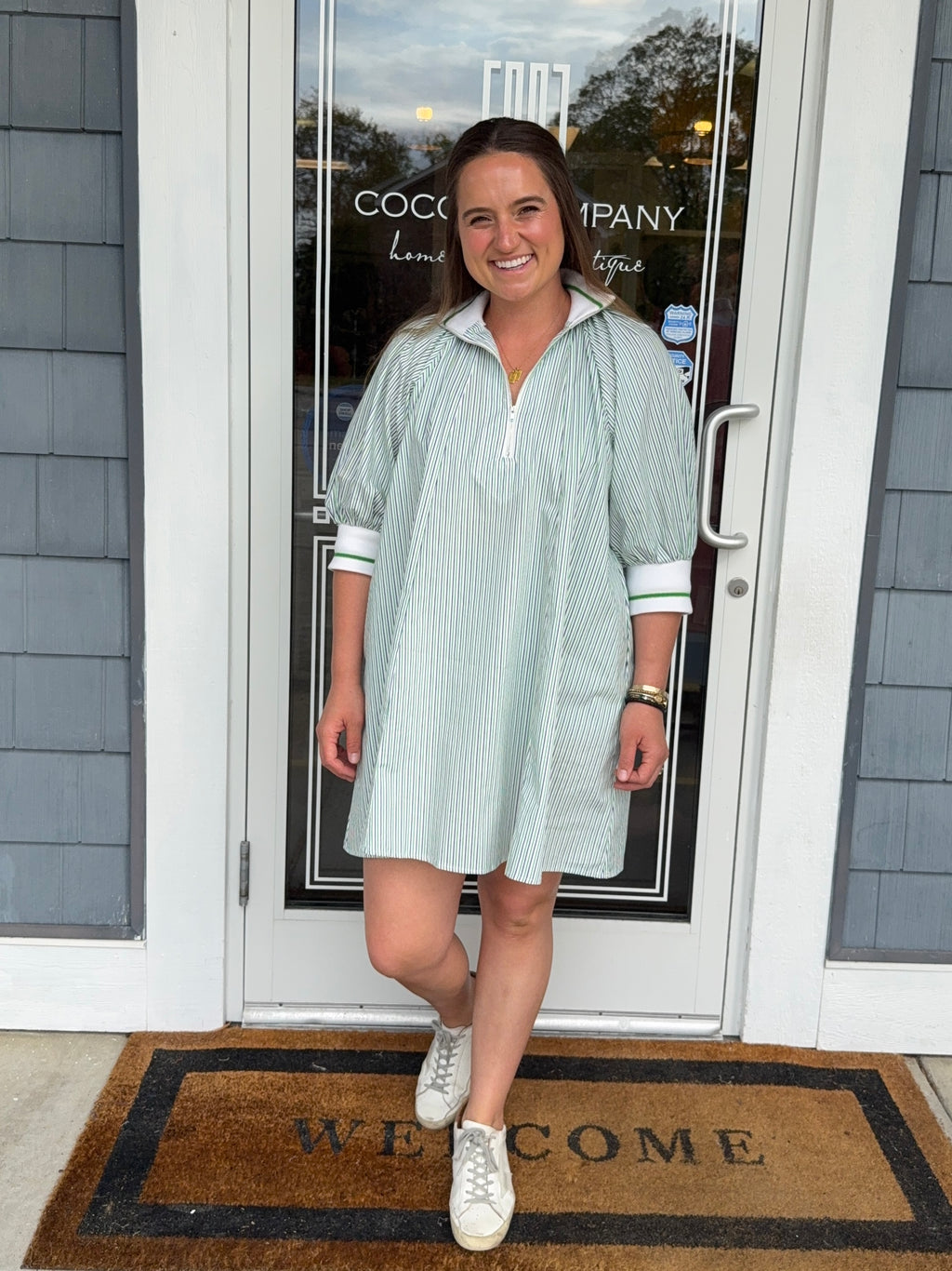 Green & White Mock Neck Banded Puff Sleeve Mini Dress