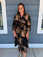 Fall Floral Black & Brown Self Tie Midi Dress