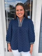 Navy Jacquard Polka Dot Contrast Trim Top