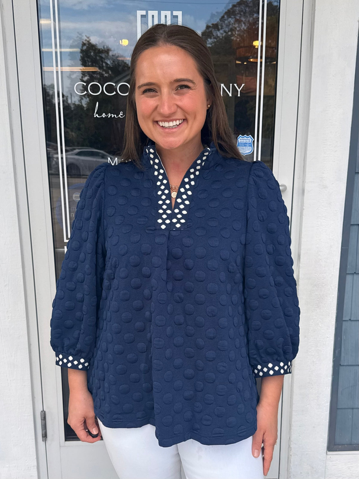 Navy Jacquard Polka Dot Contrast Trim Top