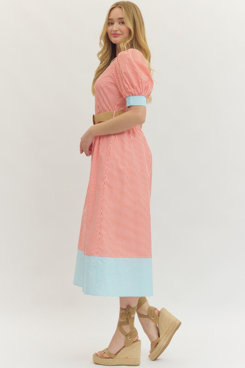 Orange & Blue Stripe Midi Dress w/ Belt