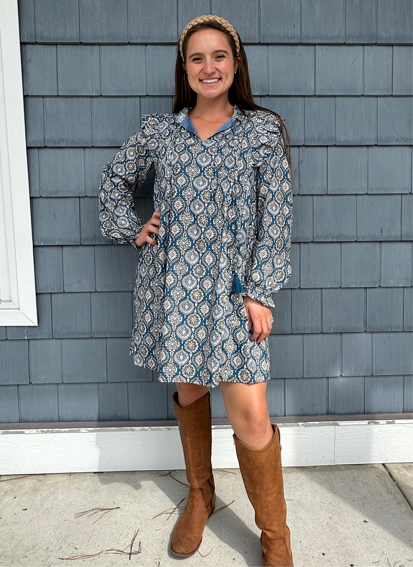 Dusty Blue Ruffle Trim Pattern Dress
