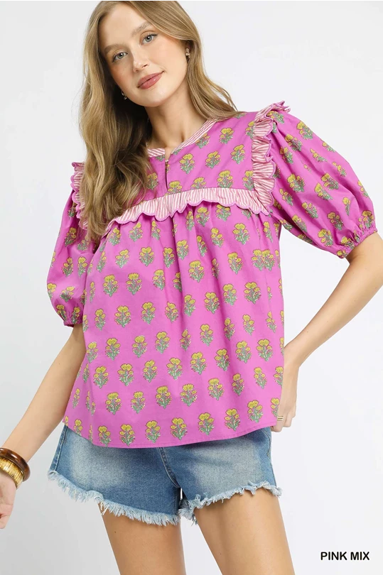 Pink Floral Ruffle Yoke Sleeve Top
