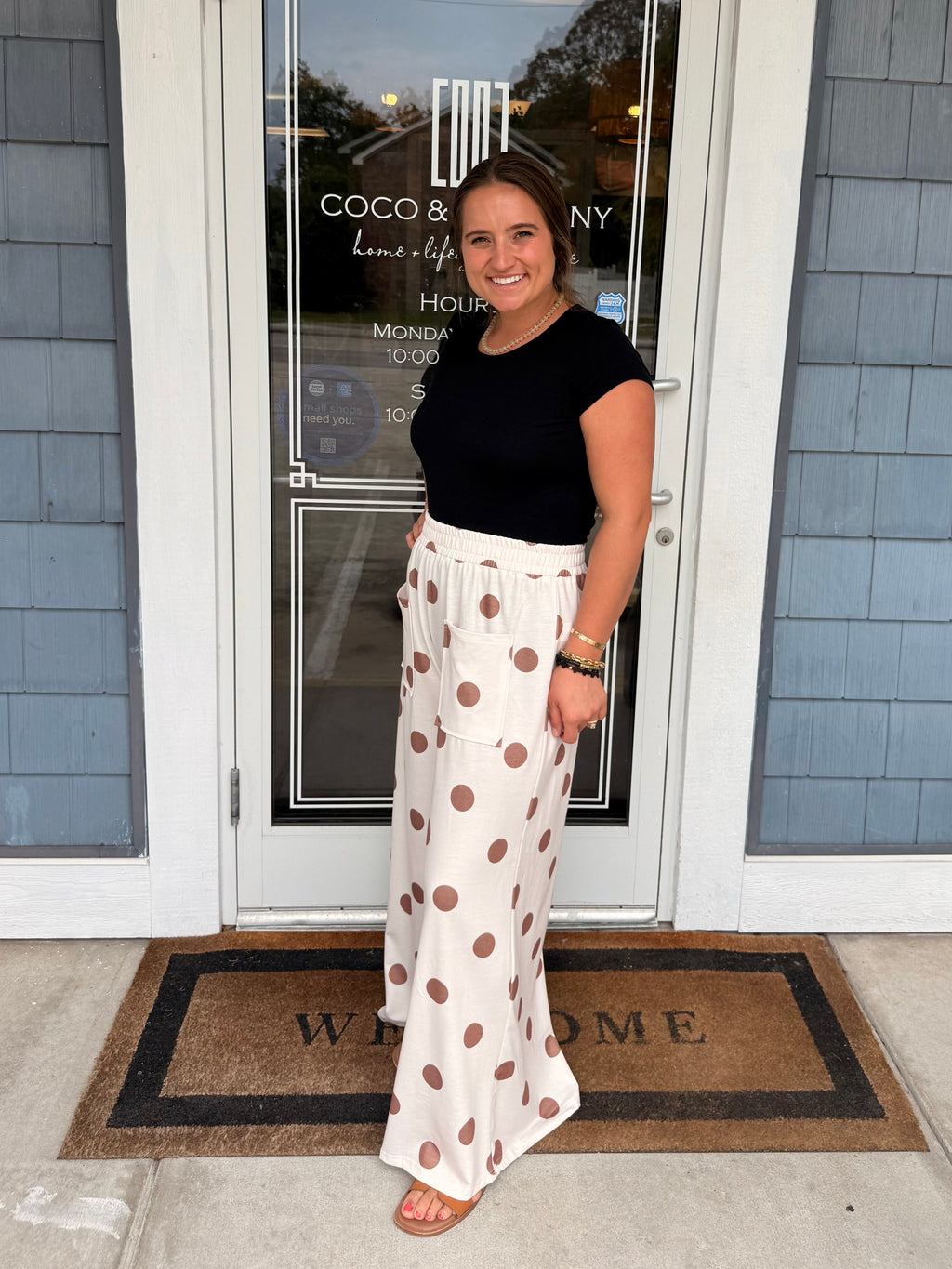 Brown & Cream Polka Dot Elastic Wide Leg Pants